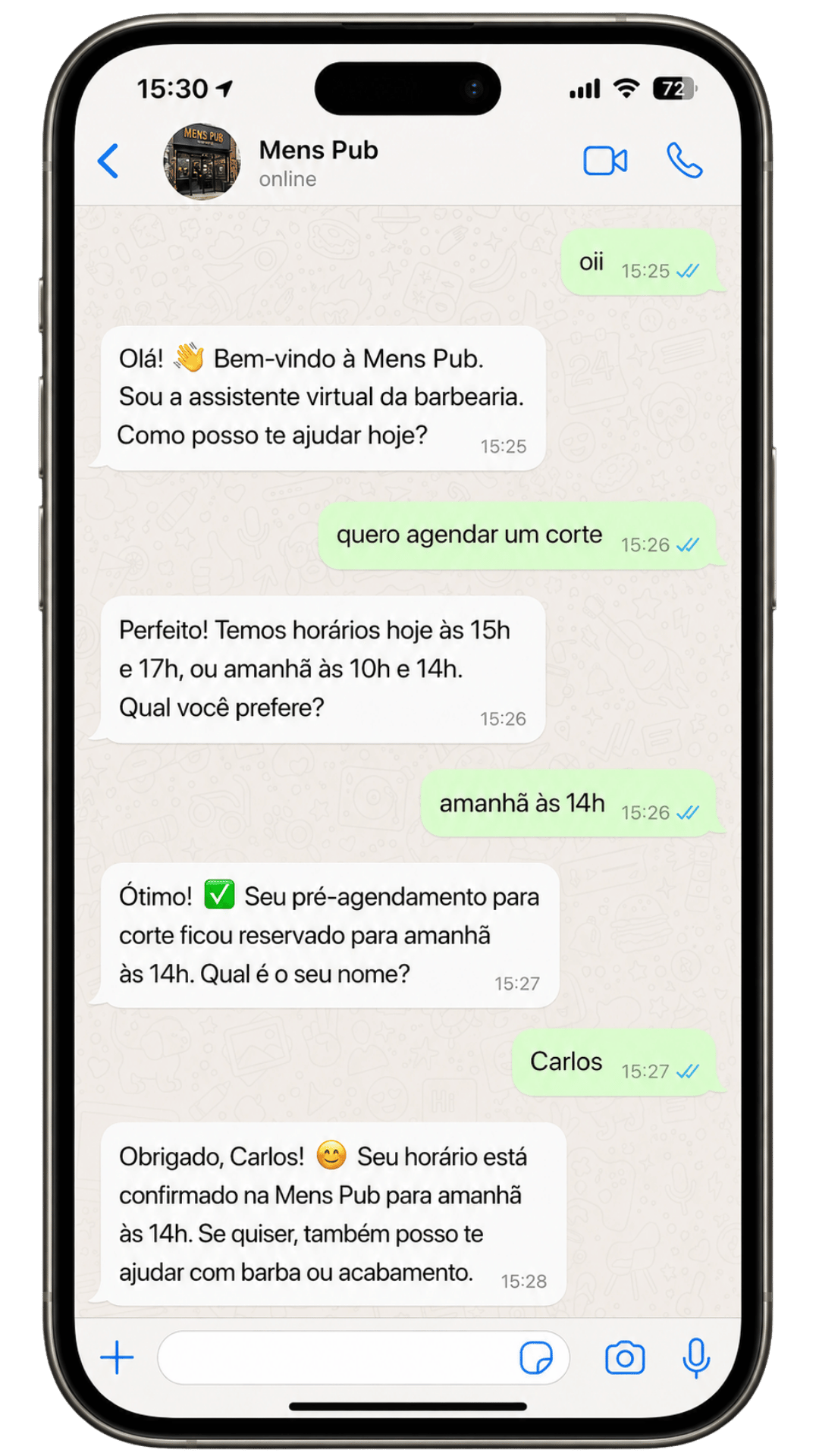 Conversa do WhatsApp com Atendente IA da Agemzo agendando um corte de cabelo